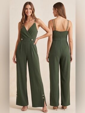 Zara Olive Green Double-Strap Wide-Leg Jumpsuit